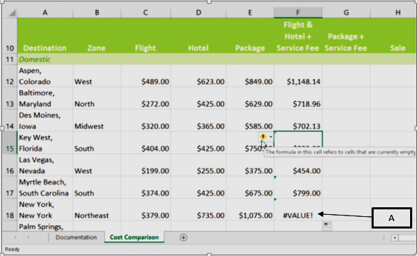 <strong>In the accompanying image of Microsoft Excel 2016, box A points to an: </strong> A)error message indicating that a cell reference used in a formula or function is no longer valid. B)error message indicating that Excel does not recognize text in the formula. C)error message indicating that a value is not available to a function or formula. D)error message indicating that the wrong data type is used in the formula.