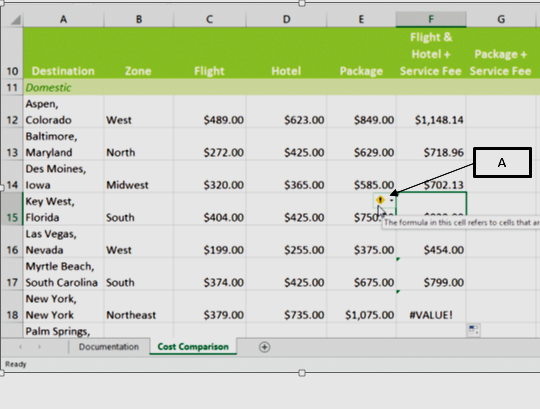 <strong>In the accompanying image of Microsoft Excel 2016, box A points to the _____. </strong> A)Conditional Formatting button B)Logical button C)Error Checking button D)Format button