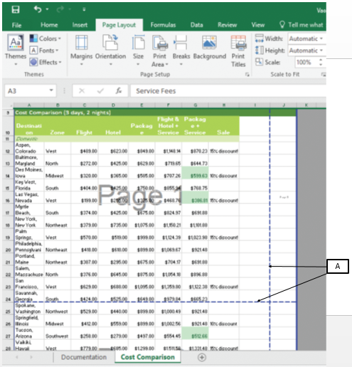 <strong>In the accompanying image of Microsoft Excel 2016, box A points to the _____. </strong> A)manual page breaks B)error indicators C)error markers D)automatic page breaks