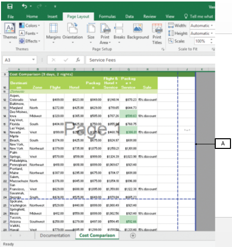 <strong> In the accompanying image of Microsoft Excel 2016, box A points to the _____. </strong> A)manual page break B)automatic page break C)worksheet border D)error indicator