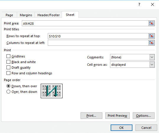 <strong>The accompanying image of Microsoft Excel 2016 shows the _____ dialog box that provides several print options. </strong> A)Create Table B)Print Preview C)Page Setup D)Data Table