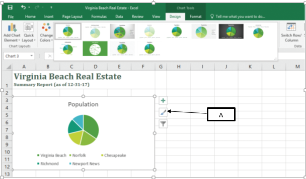 <strong>In the accompanying image of Microsoft Excel 2016, box A points to the _____. </strong> A)Chart Layout button B)Chart Format button C)Chart Elements button D)Chart Styles button