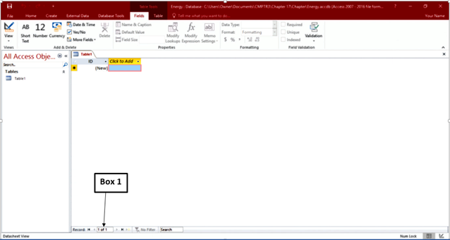 <strong>In the accompanying figure of a Microsoft Access 2016 document, which of the following is Box 1 pointing to? </strong> A)Record navigation bar B)Navigation Pane C)Database search bar D)Search Panel