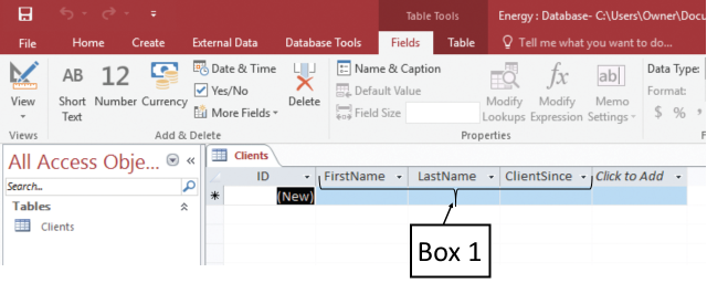 <strong>In the accompanying figure of a Microsoft Access 2016 document, which of the following is Box 1 pointing to? </strong> A)The three tables in the database B)The three records created C)The three fields created D)The three queries in the database