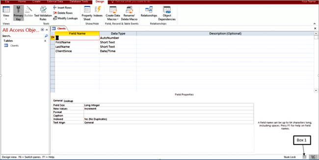 <strong>In the accompanying figure of a Microsoft Access 2016 document, which of the following is Box 1 pointing to? </strong> A)Datasheet View button B)Layout View button C)SQL View button D)Design View button