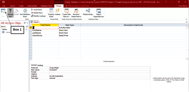 <strong>In the accompanying figure of a Microsoft Access 2016 document, which of the following is Box 1 pointing to? </strong> A)View button B)Table button C)Report button D)Form button