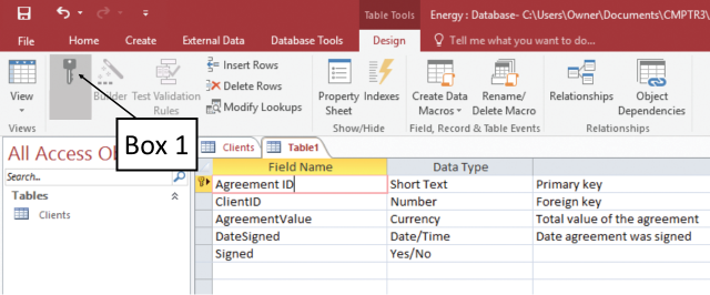 <strong>In the accompanying figure of a Microsoft Access 2016 document, which of the following is Box 1 pointing to? </strong> A) Encrypted Key button B)Foreign Key button C)Primary Key button D)Concatenated Key button