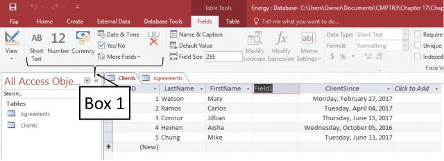 <strong>In the accompanying figure of a Microsoft Access 2016 document, which of the following is Box 1 pointing to? </strong> A)Add & Delete group B)Macros & Code group C)Sort & Filter group D)Import & Link group