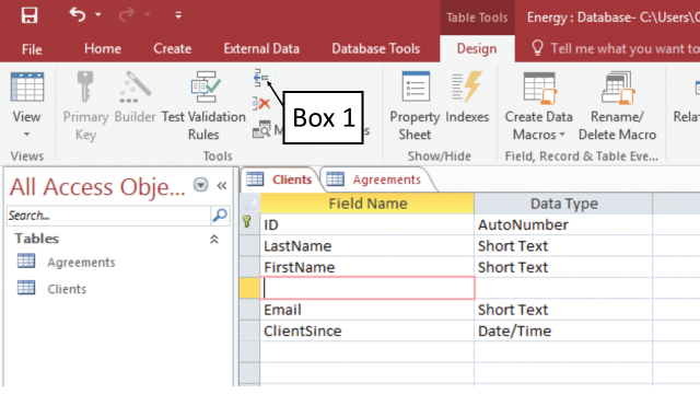<strong>In the accompanying figure of a Microsoft Access 2016 document, which of the following is Box 1 pointing to? </strong> A)Insert Rows button B)Shift Rows button C)Hide Rows button D)Delete Rows button