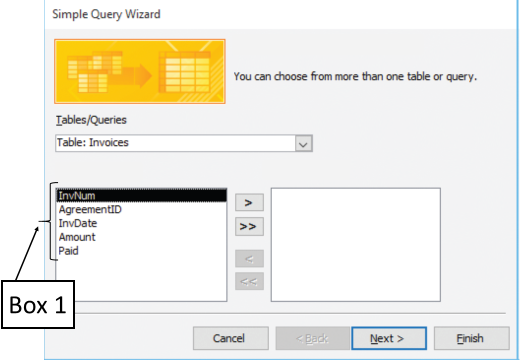<strong>In the accompanying figure of Microsoft Access 2016, which of the following is Box 1 pointing to? </strong> A)The records in the selected table B)The fields in the selected table C)The executed queries D)The tables in the current database