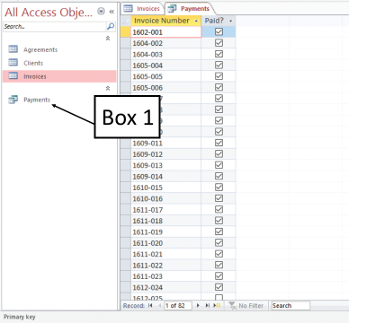 <strong>In the accompanying figure of a Microsoft Access 2016 document, which of the following is Box 1 pointing to? </strong> A)A report in the Navigation Pane B)A form in the Navigation Pane C) A query in the Navigation Pane D)A table in the Navigation Pane
