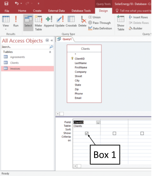 <strong>In the accompanying figure of a Microsoft Access 2016 document, if you check the option that Box 1 is pointing to, the _____. </strong> A)data in a query data sheet is duplicated B)table is not hidden in the database C)field is displayed in the query datasheet D)queries are saved for future modification