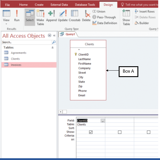 <strong>In the accompanying figure of a Microsoft Access 2016 document, Box A points to a _____. </strong> A)design grid B)resized field list C)recordset D)subdatasheet