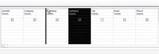 <strong>In the accompanying figure of a Microsoft Access 2016 document, which of the following fields will not appear in the query results and why? </strong> A)The FirstName field will not appear because it is being dragged. B)The LastName field will not appear because the column is selected. C)The City field will not appear because the Show check box is not selected. D)The ClientID field will not appear because it is not the primary key field.