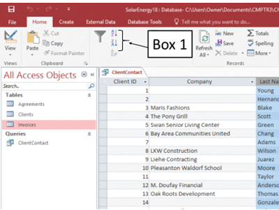 <strong>In the accompanying figure of a Microsoft Access 2016 document, which of the following is Box 1 pointing to? </strong> A)Change Case buttons B)Filter buttons C)Sort buttons D)Font Size buttons