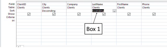 <strong>In the accompanying figure of a Microsoft Access 2016 document, which of the following is Box 1 pointing to? </strong> A)Tertiary sort field B)Primary sort field C)Secondary sort field D)Quaternary sort field