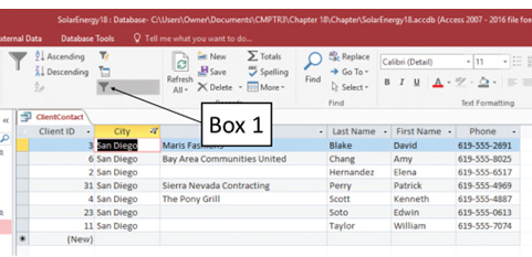 <strong>In the accompanying figure of a Microsoft Access 2016 document, which of the following is Box 1 pointing to? </strong> A)Remove Selection button B)Toggle Filter button C)Advanced Filter button D)Remove Sort button