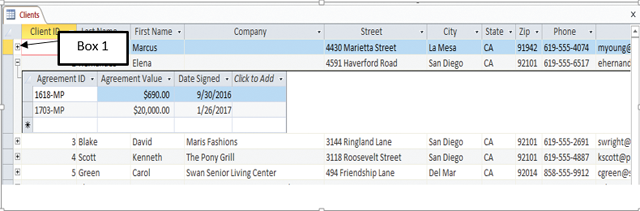 <strong>In the accompanying figure of a Microsoft Access 2016 document, which of the following symbols is Box 1 pointing to? </strong> A)Navigation icon B)Expand icon C)Filter icon D)Edit icon