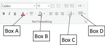<strong>In the accompanying figure of a Microsoft Access 2016 document, which of the following boxes is pointing to the Alternate Row Color button? </strong> A)Box A B)Box B C)Box C D)Box D