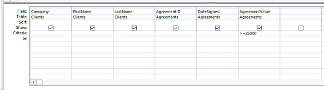 <strong>In the accompanying figure of a Microsoft Access 2016 document, the criteria mentioned in the AgreementValue field yields query results that include records with a value _____. </strong> A)less than $25,000 in the AgreementValue field B)greater than $25,000 only in the AgreementValue field C)of 0 to $25,000 in the AgreementValue field D)of $25,000 or more in the AgreementValue field