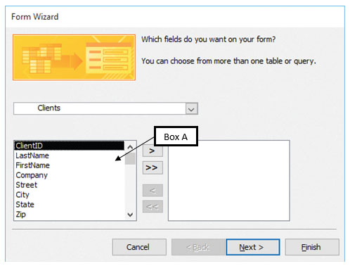 In the accompanying figure of a Microsoft Access 2016 Form Wizard dialog box, Box A points to the _____. 
