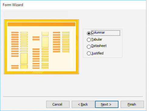  In the accompanying figure of a Microsoft Access 2016 Form Wizard dialog box, Box A points to the selected _____.