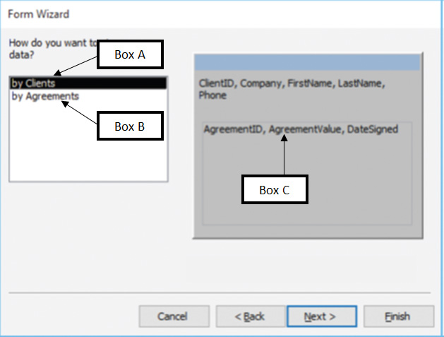 In the accompanying figure of Microsoft Access 2016, if Box A points to the primary table and Box B points to the related table, then Box C points to the _____. 