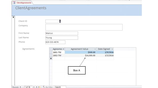  The accompanying figure of Microsoft Access 2016 consists of the Clients table as the primary table and the Agreements table as the related table. Here, Box A points to the _____.