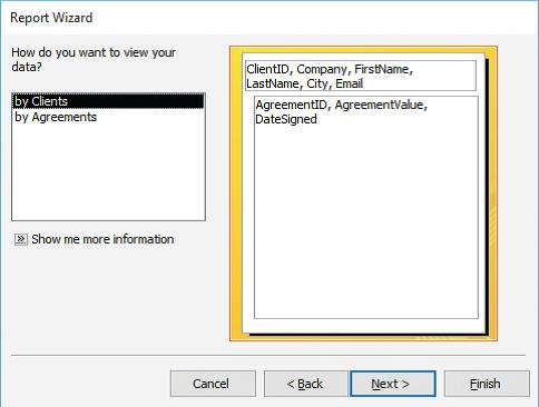 The accompanying figure of a Report Wizard in Microsoft Access 2016 shows two tables, Clients and Agreements. Here, the data in the report is _____.