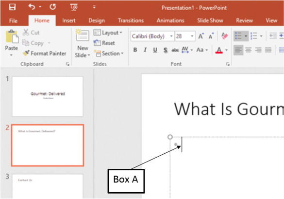 <strong>Box A in the accompanying figure is pointing to the _____ of a PowerPoint presentation. </strong> A)insertion point B)cursor C)header D)transition symbol