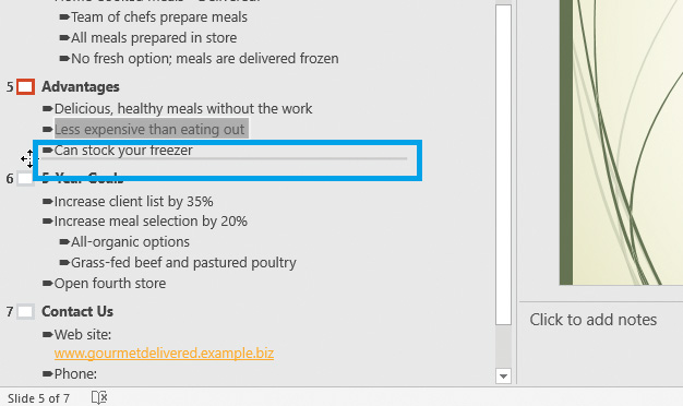 <strong> In the accompanying figure of a Microsoft PowerPoint 2016 presentation, the highlighted horizontal line denotes: </strong> A)the position where a selected item will be placed. B)the insertion point in the text placeholder. C)the position where the current slide ends and a new slide begins. D)the point after which items are demoted to second-level bullets.