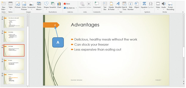 <strong> In the accompanying figure of a slide from PowerPoint 2016, box A denotes the _____. </strong> A)caption number B)header C)footer D)slide number