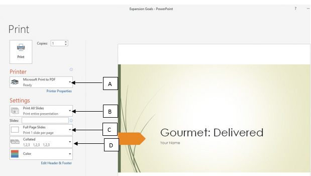 <strong> In the accompanying figure of a Microsoft PowerPoint 2016 presentation, box _____ is used to mention the slides that should be printed. </strong> A) B B) A C) C D) D