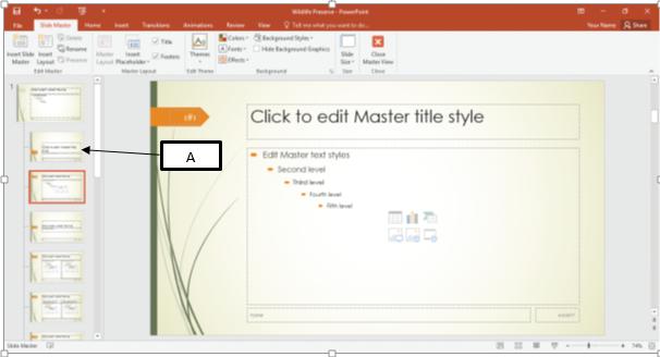 <strong> In the accompanying image of Microsoft PowerPoint 2016, Box A points to the _____. </strong> A)Two Content Layout master B)Title and Content Layout master C) Title Slide Layout master D)Picture with Caption Layout master