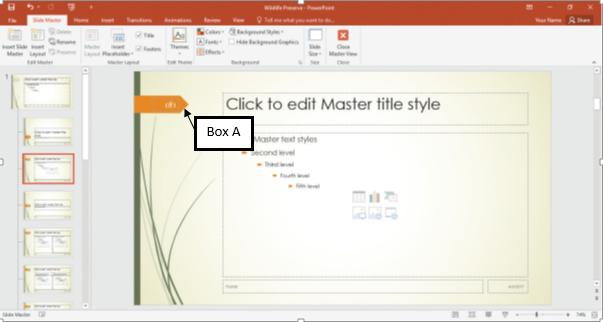 <strong> In the accompanying image of Microsoft PowerPoint 2016, Box A points to the _____ placeholder. </strong> A)Date B)Title C)Header and Footer D)Slide Number