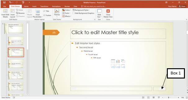 <strong>In the accompanying image of Microsoft PowerPoint 2016, Box A points to the _____ placeholder. </strong> A)Date B)Slide Number C)Title D)Footer