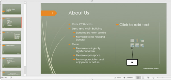 <strong> In the accompanying image of Microsoft PowerPoint 2016, Box A points to the _____ button. </strong> A)Title B)Insert Table C)Pictures D)Insert Video