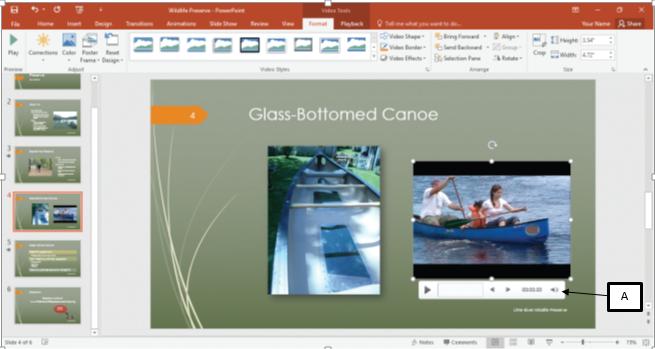 <strong> In the accompanying image of Microsoft PowerPoint 2016, Box A points to the _____. </strong> A)video trimmer B)animation bar C)preview frame D)play bar
