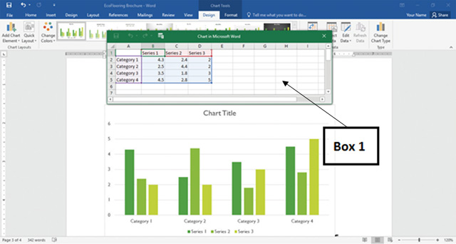 <strong> In the accompanying figure of Microsoft Excel 2016, which of the following best describes the purpose of the component that Box 1 indicates? </strong> A) It allows you to save a worksheet as a chart in Word. B)It allows you to modify the data in an embedded chart. C) It allows you to link a chart to a Word file. D) It allows you to change the formatting of an embedded chart.