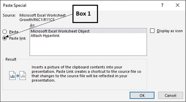<strong>In the given snippet from Microsoft Word 2016, the option that Box 1 indicates allows you to: </strong> A)link copied data to Word. B)link copied data as a hyperlink to Word. C)paste a copied item as an image in Word. D)paste a copied item as an embedded object in Word.