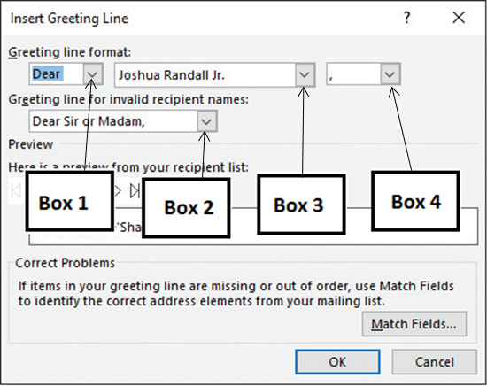 <strong> If you want to change the form of the recipient's name used in the greeting line shown in the accompany figure, you should click the option that _____ indicates. </strong> A)Box 1 B)Box 2 C)Box 3 D)Box 4
