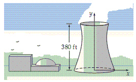 <strong>A vertical cross section of a cooling tower is a portion of a hyperbola, as shown in the diagram below. The standard form of the equation of the hyperbolic cross section is where x and y are measured in feet. The horizontal cross sections of the tower are circles. What is the smallest radius of a horizontal cross section? Round to the nearest foot.</strong> A)52 feet B)50 feet C)72 feet D)54 feet E)60 feet