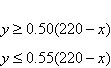 <strong>The sprinters on a track team use the following system of inequalities to determine their targeted exercise heart rate ranges for their workouts. In this system, y is the person s exercise heart rate in beats per minute and x is the person s age in years. Use the system of inequalities to determine the targeted exercise heart rate range for a sprinter who is 23 years old. Round the minimum and maximum targeted heart rates to the nearest beat per minute.</strong> A)between 197 and 202 beats per minute B)between 99 and 108 beats per minute C)between 174 and 178 beats per minute D)between 87 and 98 beats per minute E)between 99 and 108 beats per minute.