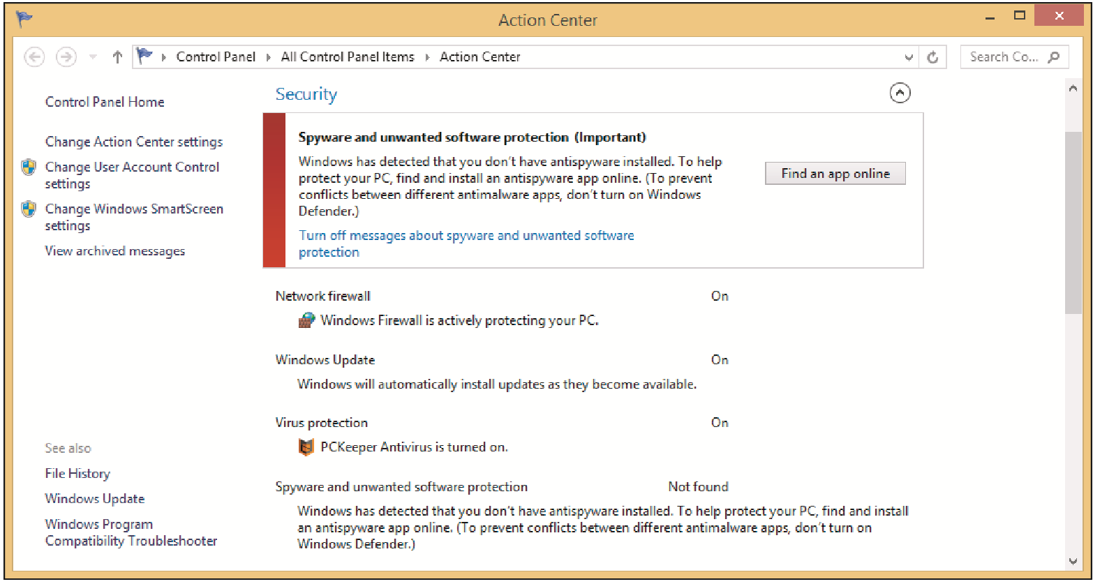 <strong>Holly is trying to use Windows Defender to run an antivirus scan. Windows Defender refuses to run. She notices a problem when she tries to update Windows Defender and it fails. When Holly opens the Action Center she sees this screen.   What has happened to Holly's computer?</strong> A) She has received a spam message. B) She has received a security alert message. C) Someone has hijacked her email. D) She has downloaded a rogue antivirus. <div style=padding-top: 35px> 
