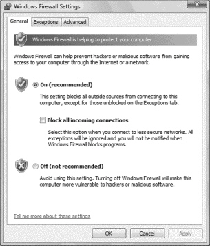 Windows Vista includes firewall software, as shown above, and can be configured from the Support Center.