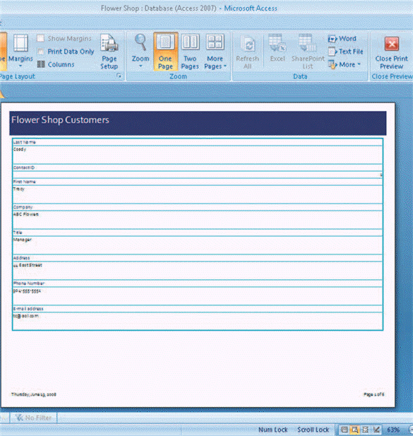 <strong>FIGURE 7-1 Figure 7-1 above shows an Access ____ in Print Preview.</strong> A) table B) form C) query D) report