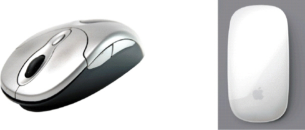 <strong> What kind of mouse, like the ones shown in the accompanying figure, uses devices that emit and sense light to detect movement?</strong> A) mechanical B) tracking C) optical D) enhanced