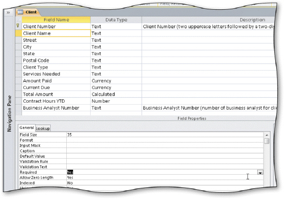 Camashaly Design has decided to add some additional validation rules to the Client table shown in Design view in the accompanying figure.They have asked you to create these validation rules. Camashaly would like to make sure that if an employee enters the letters nc in the State field that it displays in the database as NC.What property do you need to change and what would you enter in the property box?