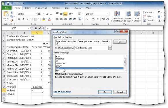 <strong> Clicking the _____ opens the Insert Function dialog box shown in the accompanying figure.</strong> A)Insert Function box on the formula bar B)Function dialog box launcher (Home tab | Calculations group) C)Function button (Home tab | Function group) D)Functions & Formulas button on the status bar