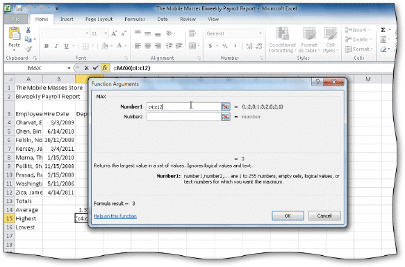 Clicking the Insert Function box opens the Function Arguments dialog box, as shown in the accompanying figure.